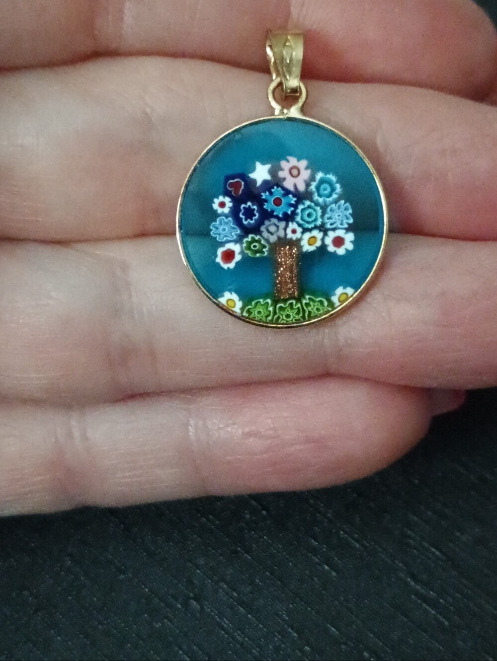 Vintage Tree Of Life Gold-Trim Blue Millefiori Pendant Necklace